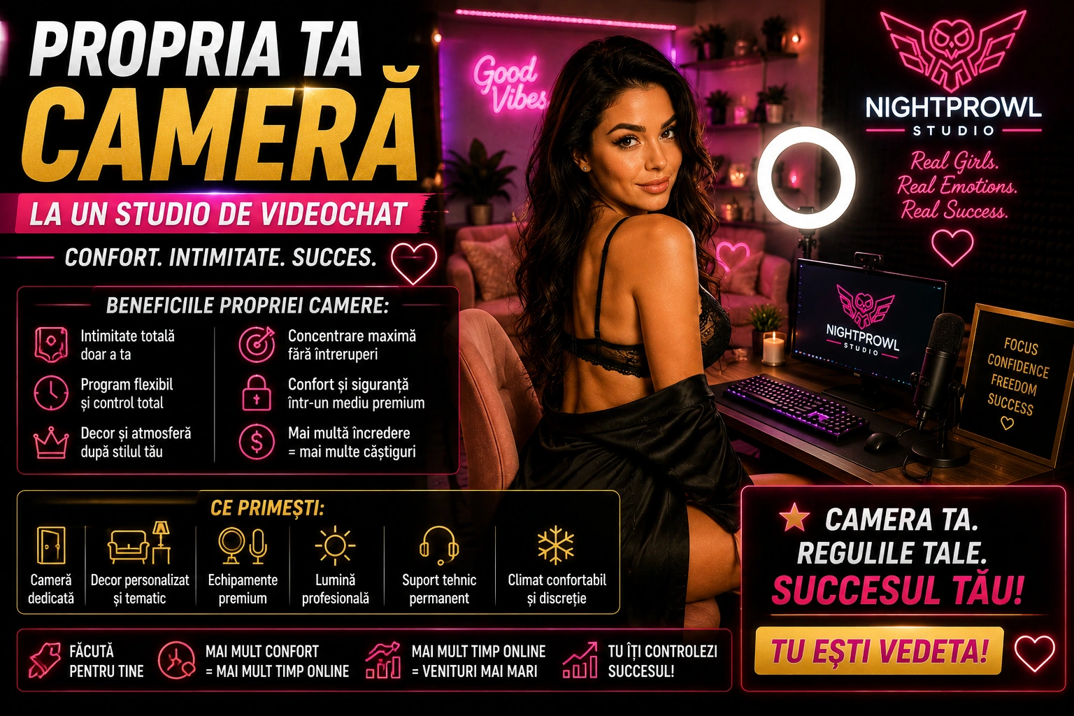 Vezi videoclipul: Cum arată o cameră de videochat la NightProwl? Spațiul tău, decorul tău, camera ta