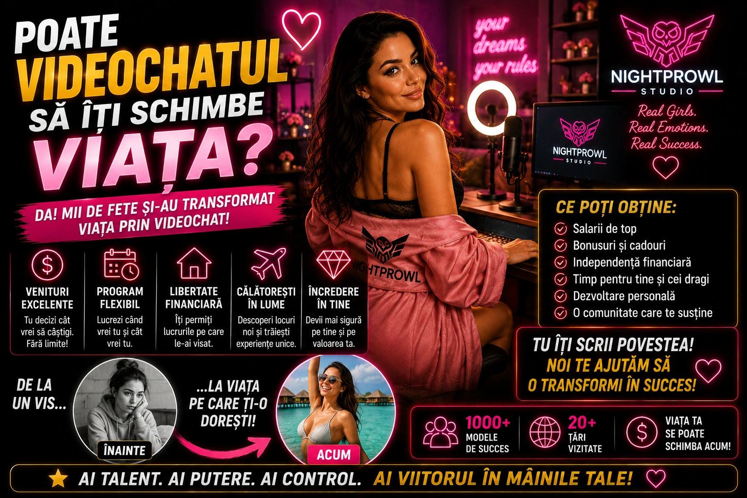 Vezi videoclipul: Poate videochatul să îți schimbe viața? Povestea unei modele NightProwl de la început până astăzi